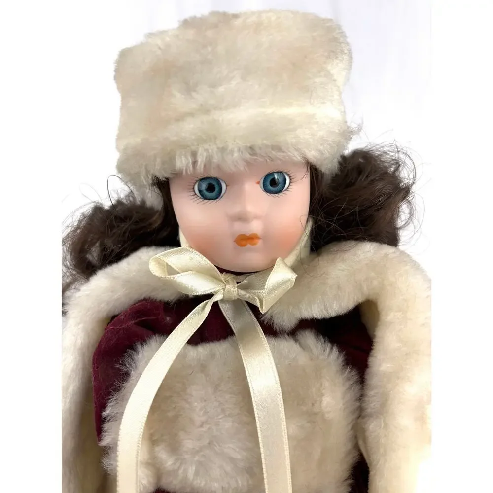 Vintage‎ Porcelain Doll in Red Dress and Hat 15” Winter Holiday With Stand